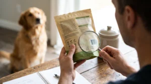 Dog owner inspecting a treat package batch code and expiration date for recall information.