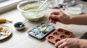 Filling silicone molds with spirulina yogurt dog treats