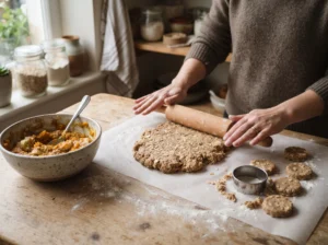Oatmeal dog treat dough being rolled and shaped into small homemade biscuits.