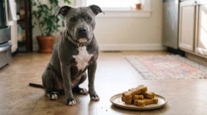 Blue-gray pitbull beside homemade sweet potato and peanut butter dog biscuits.