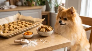 Tiny homemade pumpkin oat training treats for a small Pomeranian.