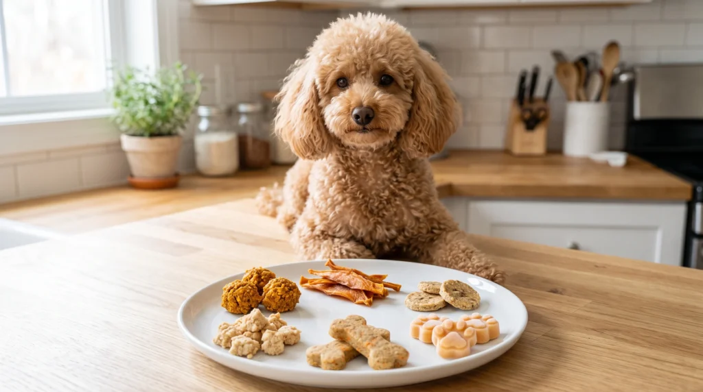 Apricot Toy Poodle beside six homemade pumpkin, oat, sweet potato, chicken, apple, and banana dog treats.
