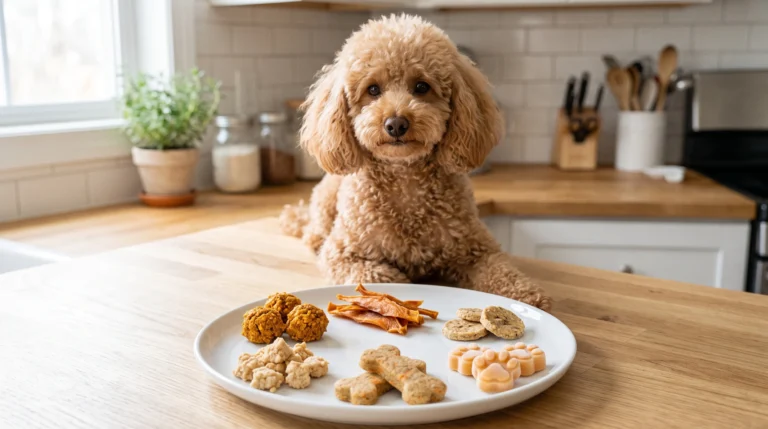 Apricot Toy Poodle beside six homemade pumpkin, oat, sweet potato, chicken, apple, and banana dog treats.