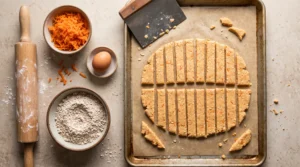 Homemade carrot dental stick dough cut into narrow strips on a parchment-lined baking tray.