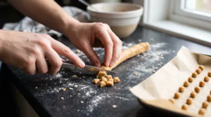 Shaping homemade chicken and sweet potato dough into tiny treats for a Yorkshire Terrier.