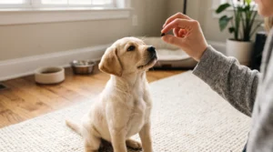 Puppy receiving a small soft treat during training