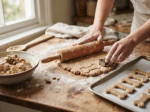 Homemade dog biscuit dough being rolled and cut into thin crunchy shapes.