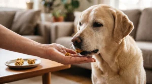 Senior dog comfortably enjoying a soft homemade treat