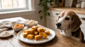 Soft homemade chicken and pumpkin chews for dogs beside a senior Beagle