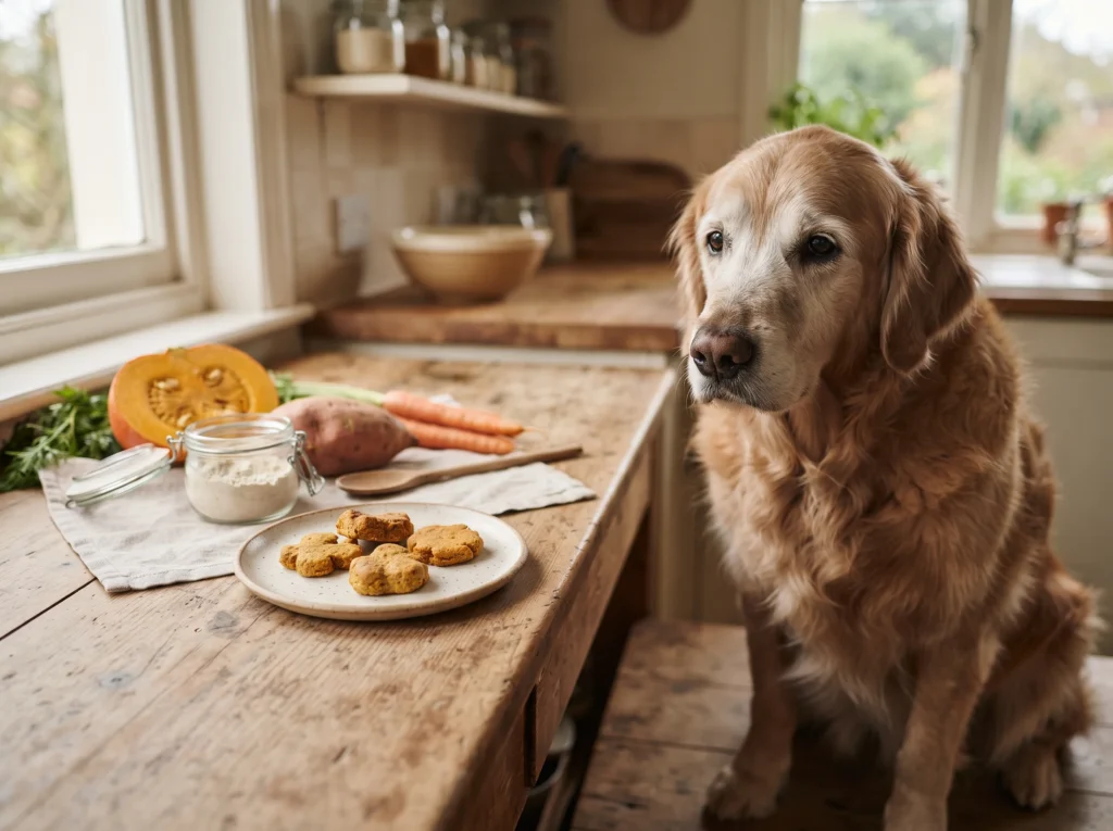 Senior Golden Retriever beside homemade pumpkin, sweet potato, and carrot dog treats.