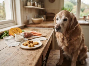 Senior Golden Retriever beside homemade pumpkin, sweet potato, and carrot dog treats.
