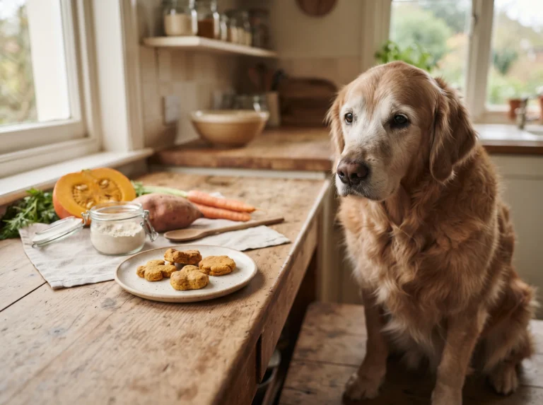Senior Golden Retriever beside homemade pumpkin, sweet potato, and carrot dog treats.