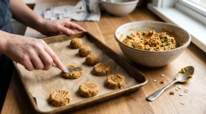 Shaping homemade pumpkin carrot dog treats on a baking tray