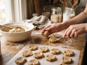 Egg-free oatmeal peanut butter dog treat dough being shaped into small homemade treats.