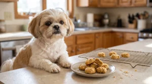 Tiny homemade pumpkin and oat dog treats arranged on a parchment-lined baking tray.