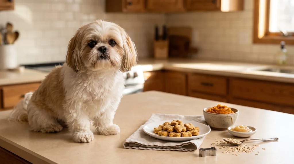 Shih Tzu beside tiny homemade pumpkin, oat, and applesauce dog treats