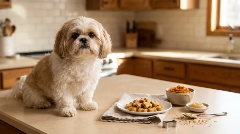 Shih Tzu beside tiny homemade pumpkin, oat, and applesauce dog treats