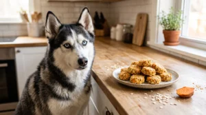 Siberian Husky beside homemade sweet potato energy bites for active dogs.
