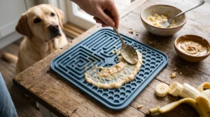 Peanut butter and banana mash spread on a dog lick mat