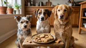 Three mixed-breed dogs of different sizes beside homemade pumpkin and peanut butter dog treats.