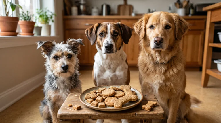 Three mixed-breed dogs of different sizes beside homemade pumpkin and peanut butter dog treats.