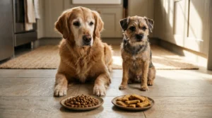 Soft chicken treats and crunchy dog biscuits displayed for comparison beside a senior golden retriever and a small terrier.