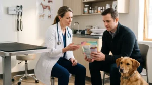Veterinarian discussing dog treat ingredients with an owner during a clinic consultation.