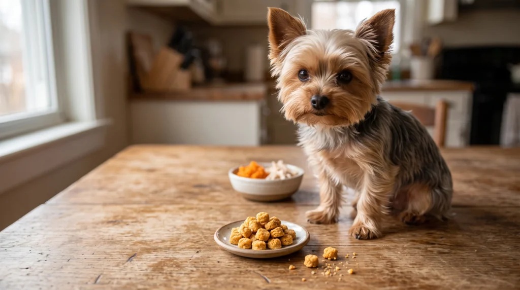 Yorkshire Terrier beside a plate of tiny homemade chicken and sweet potato dog treats.